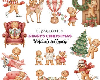 26x Gingerbread Man Watercolour Clipart PNG, Festive Christmas Illustrations for Sublimation, Digital Download