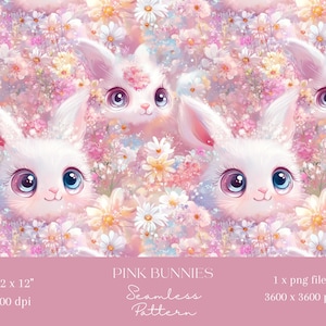 1x Pink Bunnies & Flowers Digital Paper Seamless Pattern Repeating File for Fabric Scrapbooking Paper Digital Background Sublimation Pattern