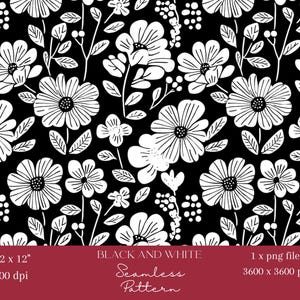 1x Schwarz-Weiß-nahtlose digitale Blumenmuster-Stoff-, Tapeten- oder Hintergrund-Design-Sublimation-monochromes botanisches Blumen-Design