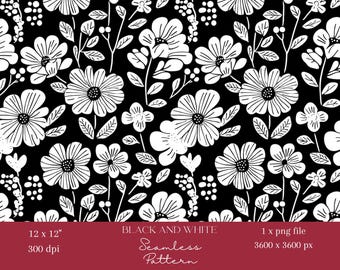 1x Black and White Seamless Digital Floral Pattern Fabric, Wallpaper or Background Design Sublimation monochrome Botanical Flower Design