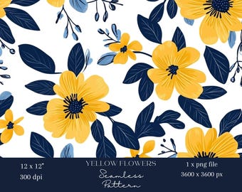 1x Yellow and blue Floral Seamless Pattern for Fabric Print Scrapbooking Flower Digital Background Digital Paper Sublimation