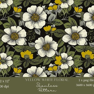 1x Patrón sin costuras de flores blancas y amarillas, tela verde oscuro repetida, papel tapiz, fondo para scrapbooking, sublimación floral digital