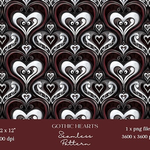 1x Black & White Gothic Hearts Digital Paper Fabric Seamless Pattern Scrapbooking Paper Digital Background Sublimation Journaling printable