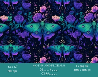 1x Mystical Moth Seamless Digital Pattern Celestial Floral Butterfly Design for Wallpaper, Fabric, Wrapping Paper, Scrapbooking, Sublimation