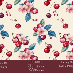 1 x Vintage Kirschen Nahtlose Muster Digital sich wiederholende Datei Obst Tapete Stoff Druck Hintergrund Design Kirsche Blume Digitaler Hintergrund