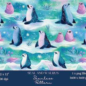 May include: A seamless pattern featuring watercolour illustrations of seals and walruses in shades of blue, pink, and green against a starry night sky background. The pattern is perfect for fabric, wallpaper, or other creative projects.