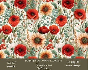 1x Watercolour Poppy & Sunflower Floral Seamless Pattern Red Wildflower Repeat File Flower Fabric Botanical Wallpaper Sublimation