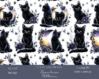 1x 天体黒猫シームレスパターン魔法の月猫デジタルペーパー、魔女風壁紙、ハロウィン猫生地、スクラップブッキング、昇華プリント