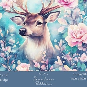 1x Carta da parati digitale con motivo senza cuciture con cervi e fiori, animali del bosco, tessuto da imballaggio, sfondo digitale con renne per scrapbooking