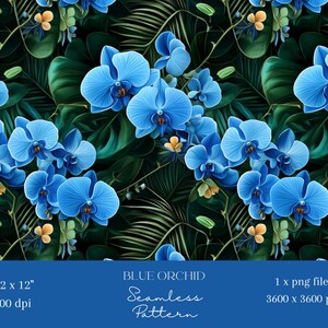 Könnte beinhalten: Nahtloses Muster mit leuchtend blauen Orchideen vor einem Hintergrund aus grünen Blättern und Akzenten in Gelb und Orange. Das Design enthält den Text "BLUE ORCHID Seamless Pattern" und die Maße 30.48 x 30.48 cm und 3600 x 3600 px.