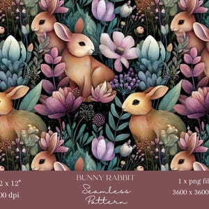 May include: A seamless pattern featuring watercolor illustrations of bunnies, flowers, and foliage in shades of pink, purple, and green on a black background. The text "BUNNY RABBIT Seamless Pattern" is included.