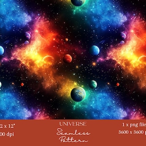 May include: A seamless pattern featuring a colorful galaxy with swirling nebulae and planets in shades of blue, red, and yellow. The background is a dark blue with scattered stars.