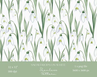 1x Archivo de patrón sin costuras repetitivo de flores de campanilla de invierno sobre fondo blanco para impresión en tela, scrapbooking, fondo digital, papel digital para sublimación
