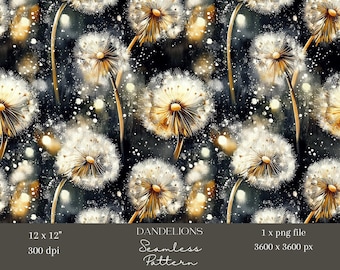 1x paardebloemen aquarel papier stof naadloos patroon scrapbooking bloemen digitale achtergrond donkere bloem sublimatiepatroon