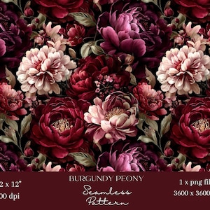 Puede incluir: Un patrón sin costuras con peonías borgoña en plena floración. El diseño floral presenta varios tonos de rojo, rosa y crema sobre un fondo oscuro. El texto "BURGUNDY PEONY Seamless Pattern" está incluido.