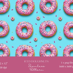 以下が含まれることがあります： 水色の背景に、カラフルなスプリンクルをあしらったピンク色のアイシングドーナツのシームレスパターン。画像には、小さなドーナツとスプリンクルも含まれています。テキストは「ICED DOUGHNUTS Seamless Pattern」と表示されています。