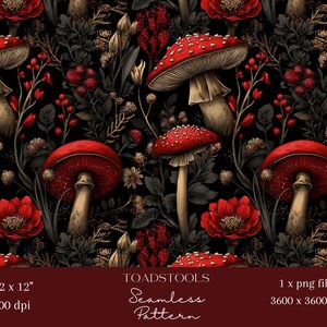 May include: Seamless pattern with red toadstools, white-spotted caps, red flowers, and dark foliage on black. The design includes the text "TOADSTOOLS Seamless Pattern" and dimensions of 12 x 12 inches and 3600 x 3600 px.