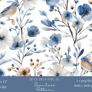 May include: A seamless pattern featuring watercolor illustrations of blue birds, flowers, and foliage on a white background. The design includes various shades of blue, beige, and brown. The text "BLUE BOTANICAL Seamless Pattern" is visible.