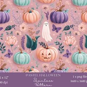 May include: A pastel Halloween seamless pattern with pumpkins in purple, peach, and teal, plus white ghosts, butterflies, and flowers. The design is on a pink background. The image is 30.48 x 30.48 cm at 300 dpi.