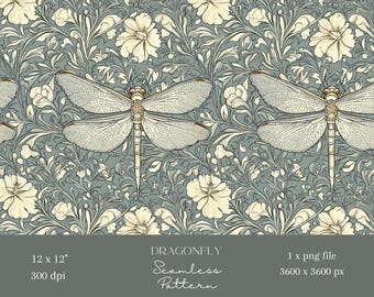 Könnte beinhalten: Ein nahtloses Muster mit einer Libelle mit filigranen Flügeln vor einem blaugrünen Hintergrund mit weißen Blüten und floralen Designs. Das Muster ist 30,5 cm x 30,5 cm groß und hat 300 dpi.