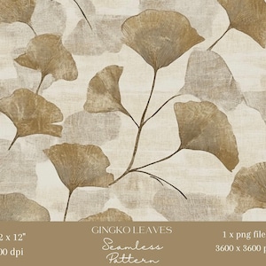 Op de afbeelding: Een naadloos patroon met bruine ginkgobladeren op een getextureerde gebroken witte achtergrond. De afbeelding bevat de tekst GINGKO LEAVES, Seamless Pattern, 12 x 12, 300 dpi, 1 x png file en 3600 x 3600 px. Het ontwerp heeft een botanisch motief.