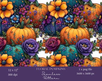 1x Pumpkin Floral Seamless Digital Pattern Autumn Harvest Wallpaper Halloween Printable Paper for Scrapbooking, Fabric & Sublimation Crafts