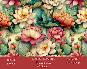 1 x Naadloos lotusbloempatroon Vintage Botanisch Digitaal Papier voor behang Stofverpakking Sublimatie Ambachten Sublimatie Scrapbooking