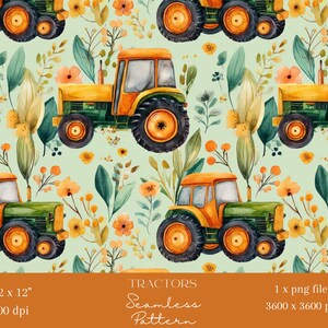 May include: A seamless pattern featuring yellow and green tractors interspersed with watercolour illustrations of orange flowers and green foliage on a light green background. The bottom section includes the text TRACTORS Seamless Pattern.