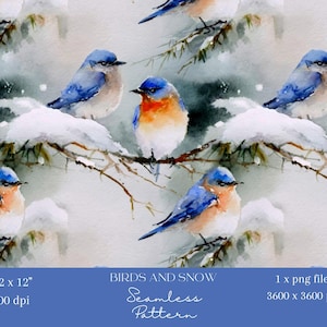 1x Sömlöst digitalt mönster med vinterblåfågel, akvarell, snöfågeldesign för tapeter, tyg, omslagspapper, scrapbooking och sublimering