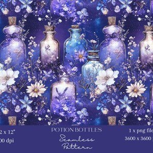 May include: Seamless pattern featuring watercolor potion bottles in shades of blue and purple, adorned with white flowers and botanical elements. The design includes the text "POTION BOTTLES" and "Seamless Pattern". The image is 12 x 12 inches at 300 dpi.