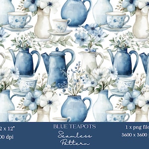 Puede incluir: Patrón sin costuras de acuarela con teteras azules, tazas y arreglos florales. El diseño incluye tonos de azul y blanco, con el texto "BLUE TEAPOTS Seamless Pattern". El patrón mide 30.48 x 30.48 cm y 300 ppp.