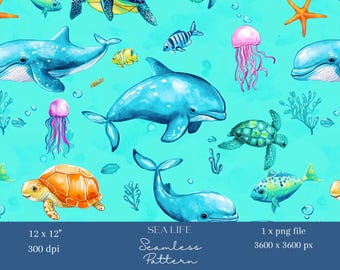 1x Dolphin Turtle Sea Life Seamless Pattern Repeating File Fabric Print Scrapbooking Digital Background Digital Paper Sublimation Journal
