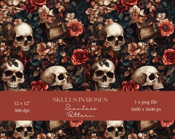 1x Skulls in Roses Books Digital Paper Seamless Pattern Scrapbooking Paper Digital Background Sublimation Pattern Junk Journaling printables