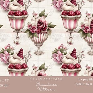 May include: Seamless pattern featuring ice cream sundaes in ornate, striped pink and white goblets. Each sundae is topped with whipped cream, a raspberry, and a swirl. Floral arrangements of pink flowers and green leaves surround the sundaes.