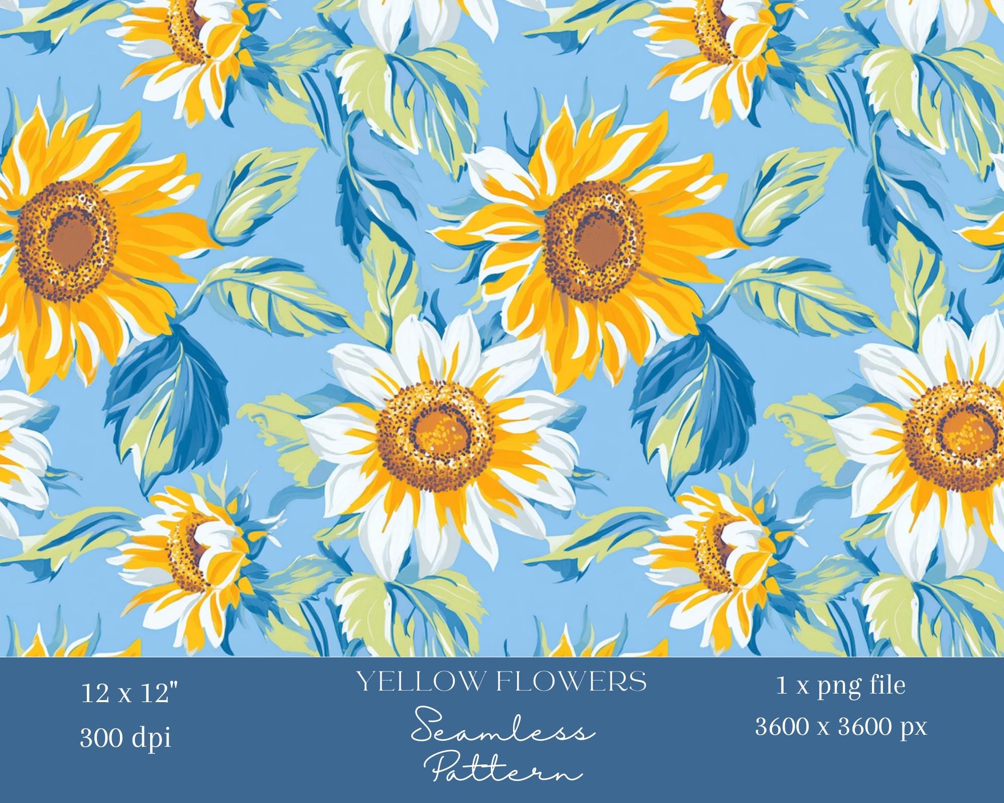 1x Sunflower Seamless Digital Pattern Yellow White Floral Print on Blue ...