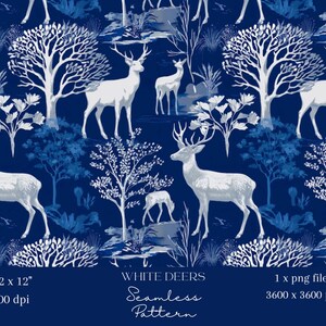 May include: Seamless pattern featuring white deer and trees on a dark blue background. The design includes various sizes of deer and stylized trees, creating a forest scene. The image also includes the text "WHITE DEERS Seamless Pattern".