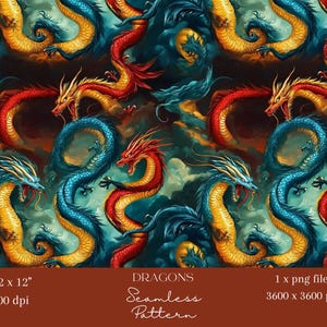 Può includere: Motivo senza cuciture con draghi stilizzati nei toni del blu, rosso e oro. I draghi sono raffigurati con dettagli intricati su uno sfondo scuro e nuvoloso. L'immagine include il testo "DRAGONS Seamless Pattern" e dimensioni di 30.48 x 30.48 cm.