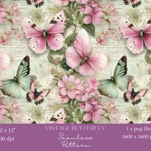 1x Vintage Motiv Pink Grün Schmetterling Retro Nahtloses Digitales Muster Stoff, Insekt Tapete, Blumenhintergrund Tier Design Sublimation