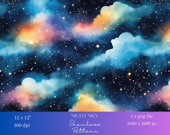 カラフルな夜空の雲と星のデジタルペーパー生地シームレスパターンスクラップブッキング暗いデジタル背景パターン1個