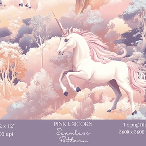 1x Unicorno rosa in alberi rosa Carta digitale senza soluzione di continuità - Motivo da favola per bambini Carta da parati, tessuto, scrapbooking, sublimazione e artigianato