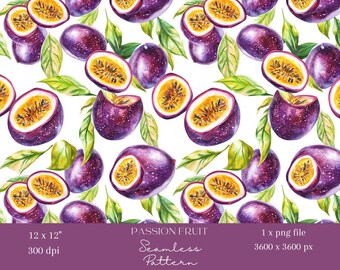 May include: Watercolor seamless pattern featuring passion fruit. The design includes whole and sliced passion fruits in shades of purple and yellow, along with green leaves, set against a white background. The text "PASSION FRUIT Seamless Pattern" is included.