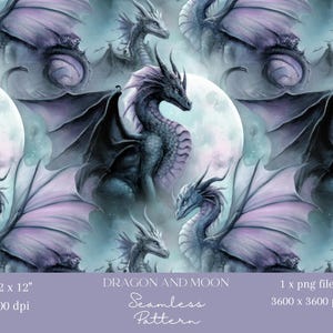 Pode incluir: Padrão sem costura com dragões de fantasia com grandes asas, em tons de roxo, azul e cinza, contra um céu iluminado pela lua. O design inclui o texto "DRAGON AND MOON Seamless Pattern".