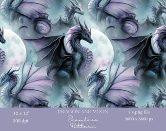 1x Dragon Seamless Digital Pattern Fantasy Moon Gothic Design for Wallpaper, Fabric, Wrapping Paper, Scrapbooking, Scrapbooking Sublimation