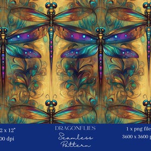 May include: A seamless pattern featuring iridescent blue dragonflies with purple accents on a gold background with intricate floral designs.