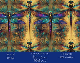 Könnte beinhalten: Ein nahtloses Muster mit schillernden blauen Libellen mit violetten Akzenten auf goldenem Hintergrund mit filigranen floralen Designs.