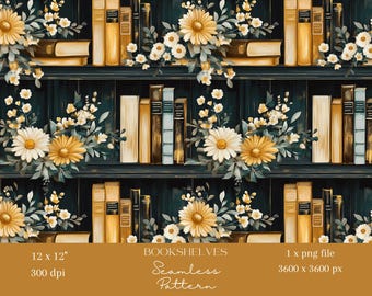 1x Bookshelves with Books and Flowers Digital Paper Fabric Floral Seamless Pattern Scrapbooking Paper Digital Background Sublimation Pattern