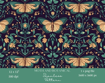 1x Moth & Botanical Seamless Pattern Gothic Insect Repeating Fabric Print Wallpaper Scrapbooking Background Digital Floral Sublimation