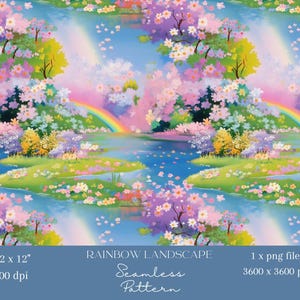1x Blaue Landschaft mit Regenbogen Musterdesign Baum Digitales Papier Stoff Tapete Digitaler Blumenhintergrund Sich wiederholendes Muster Scrapbooking