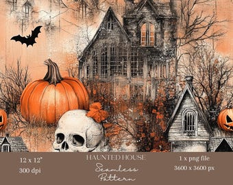 1x Haunted House Halloween Seamless Pattern Digital Paper Fabric Pumpkin and Skull Wallpaper Digital Background Repeating Pattern