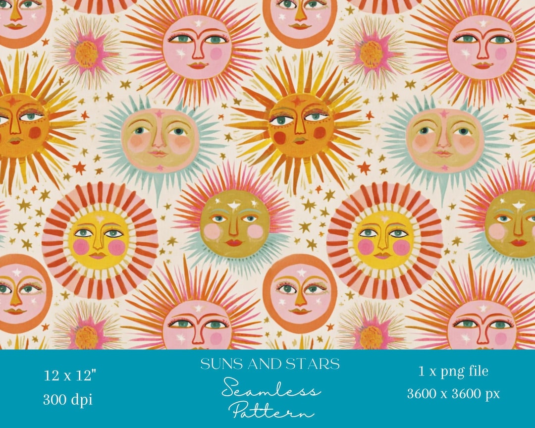 1 X Celestial Sun and Moon Seamless Digital Pattern Boho Sun Face ...